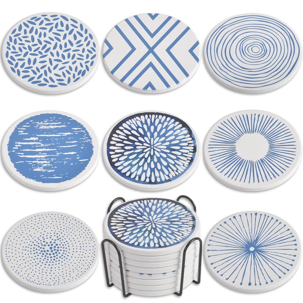 Newk Coasters for Drinks, Set of 8 Ceramic Absorbent with Metal Holder, Classy and Simple Coasters for Coffee Table, Great Housewarming Gifts