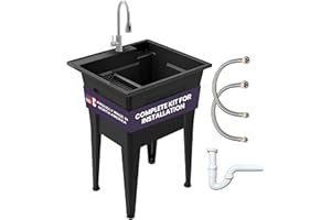 Freestanding Utility Sink with Stainless Steel Gooseneck Faucet - 24" Plastic Utility Sink for Garage, Laundry, Indoor and Oudoor Use - Laundry Tub Kit by Noah William Home - Black (19.5 gal)