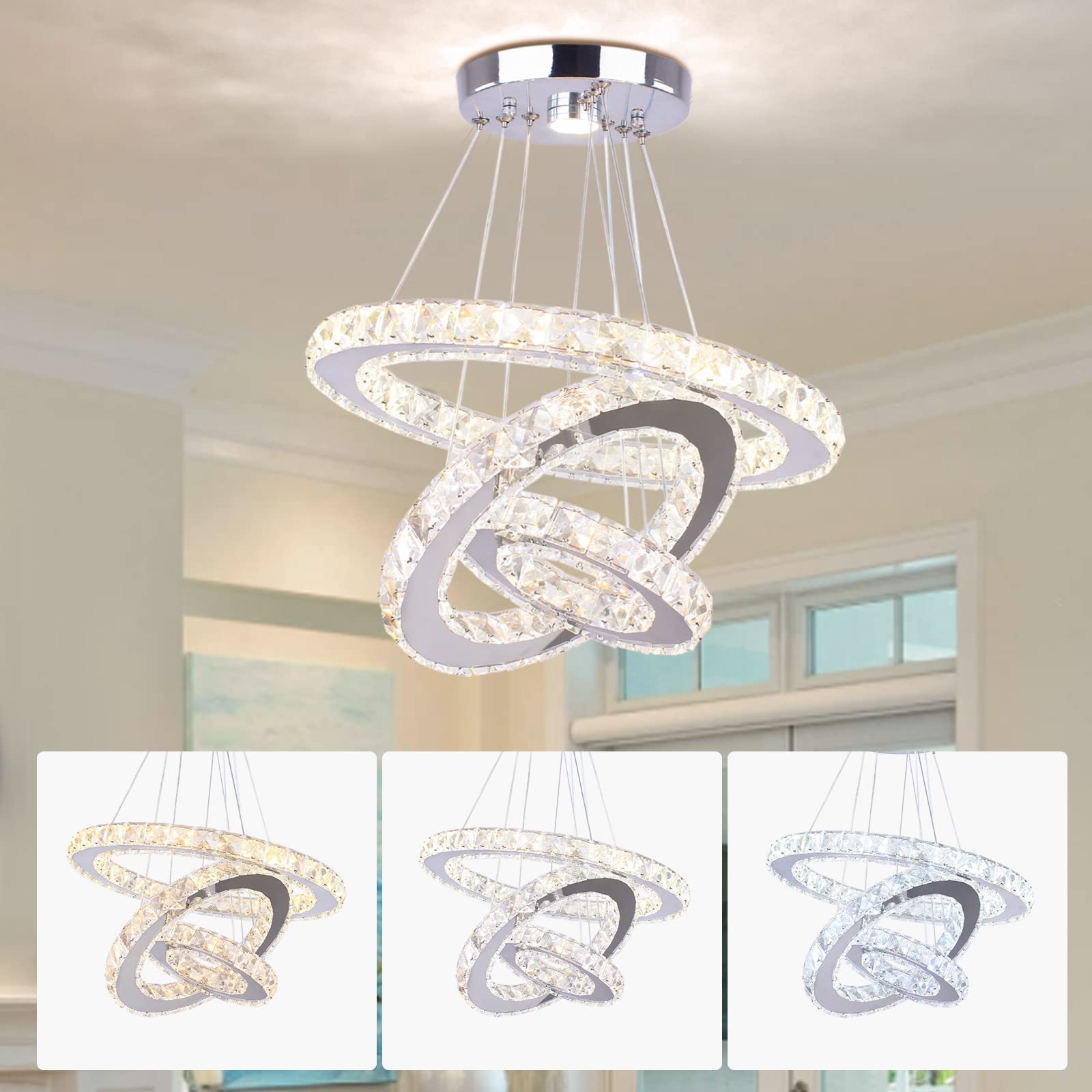 Dixun LED Chandeliers 3 Rings LED Ceiling Lighting Fixture Modern Crystal Chandeliers Adjustable Stainless Steel Pendant Light for Bedroom Living Room Dining Room(Changeable Color)