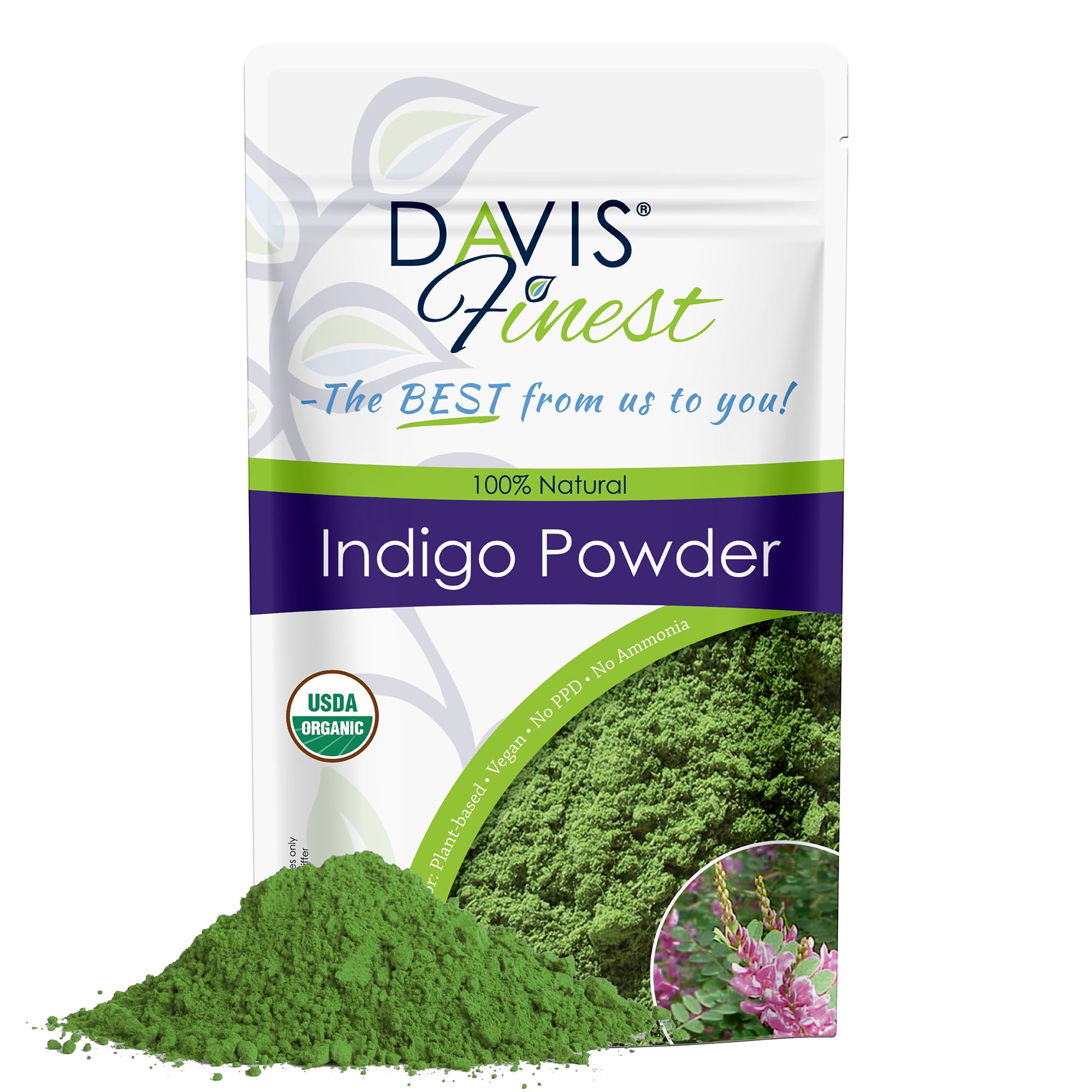 Davis Finest - Indigo Powder, 250g - Organic Black Henna Hair & Beard Dye - Natural Hair Colouring, Men & Women – Use with Henna for Brown Hair Colour - 100% Plant Based - Suitable For All Hair Types