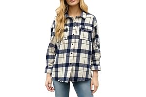 Womens Casual Plaid Flannel Shacket Jacket Coat Button Down Long Sleeve Shirt Jacket Spring Fall Outfits Outerwear
