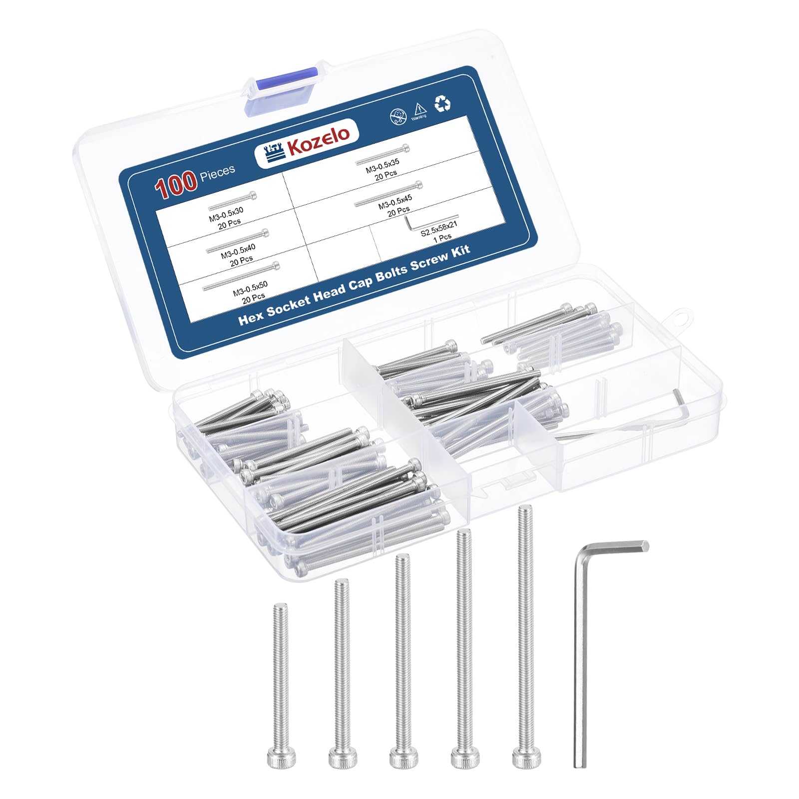 Kozelo 100pcs M3 Socket Head Cap Screws Bolts Nuts Assortment Kit - [M3x30/35/40/45/50mm] 304 Stainless Steel Allen Socket Drive for 3D Printer with Allen Wrench — image 1