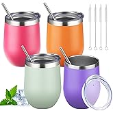 12oz Stemless Wine Tumbler with Lid Double Wall Insulated Wine Cup Stainless Steel Glasses Tumbler with Straw Insulated cocktail Tumbler Coffee Mug for Hot and Cold Beverages (Multicolor-6,4Pack)