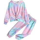 Arshiner Girl's 2 Piece Outfits Tie-dye Twist Front Pullover Hooded Sweatsuits Sweatshirt and Sweatpants Clothing Set