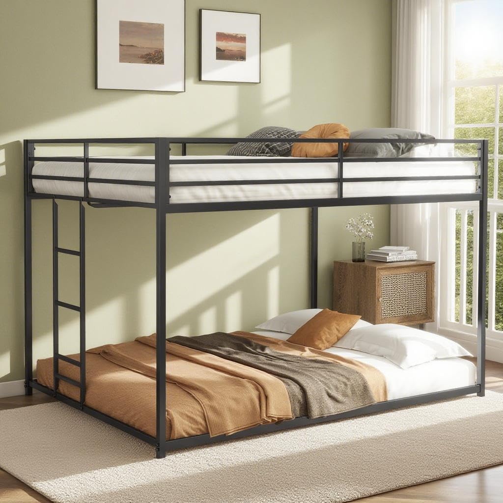 Photo 1 of ** MISSING HARDWARE** LINKHOO Queen Over Queen Bunk Bed for Adults, Heavy Duty Metal Low Bunk Beds with Ladder and Guardrails for Guest Room, Bedroom, Noise-Reducing Wooden Slat Supports, No Box Spring Needed, Black