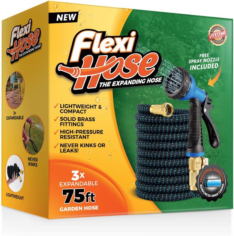 Flexi Hose Lightweight Expandable Garden Hose | No-Kink Flexibility - Extra Strength with 3/4 Inch Solid Brass Fittings & Double Latex Core | Rot, Crack, Leak Resistant (75 FT, Blue/Black) : Garden & Outdoor