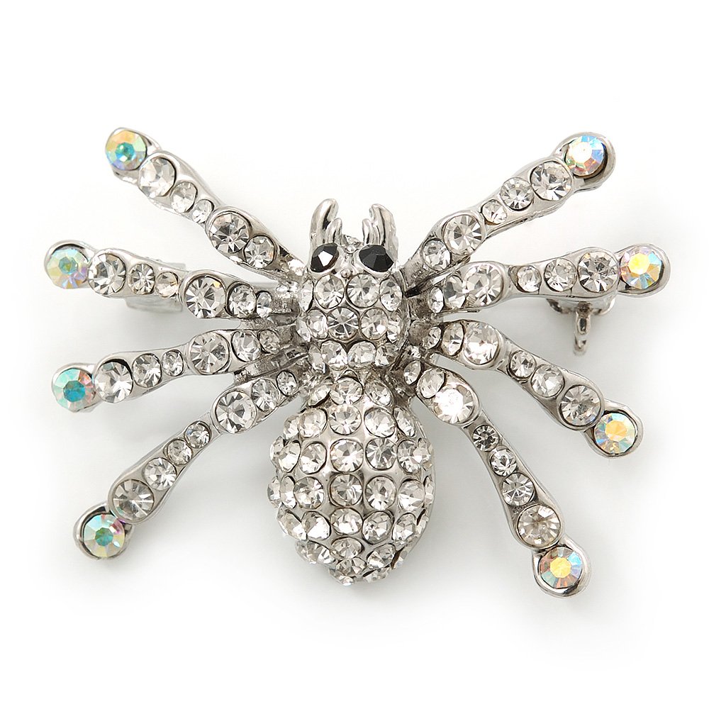 Clear, AB Crystal Spider Brooch In Rhodium Plating - 37mm Width