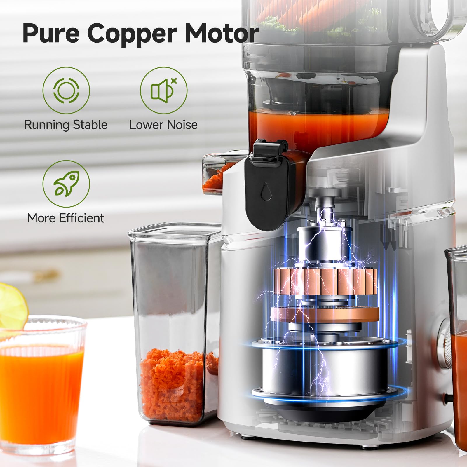AMZCHEF 250W Automatischer All-In-One Entsafter, 145MM Öffnung und 1,8L entsafter für Gemüse und Obst, Kaltpresse Slow Juicer Testsieger mit Dreifachem Filter - Silber 7