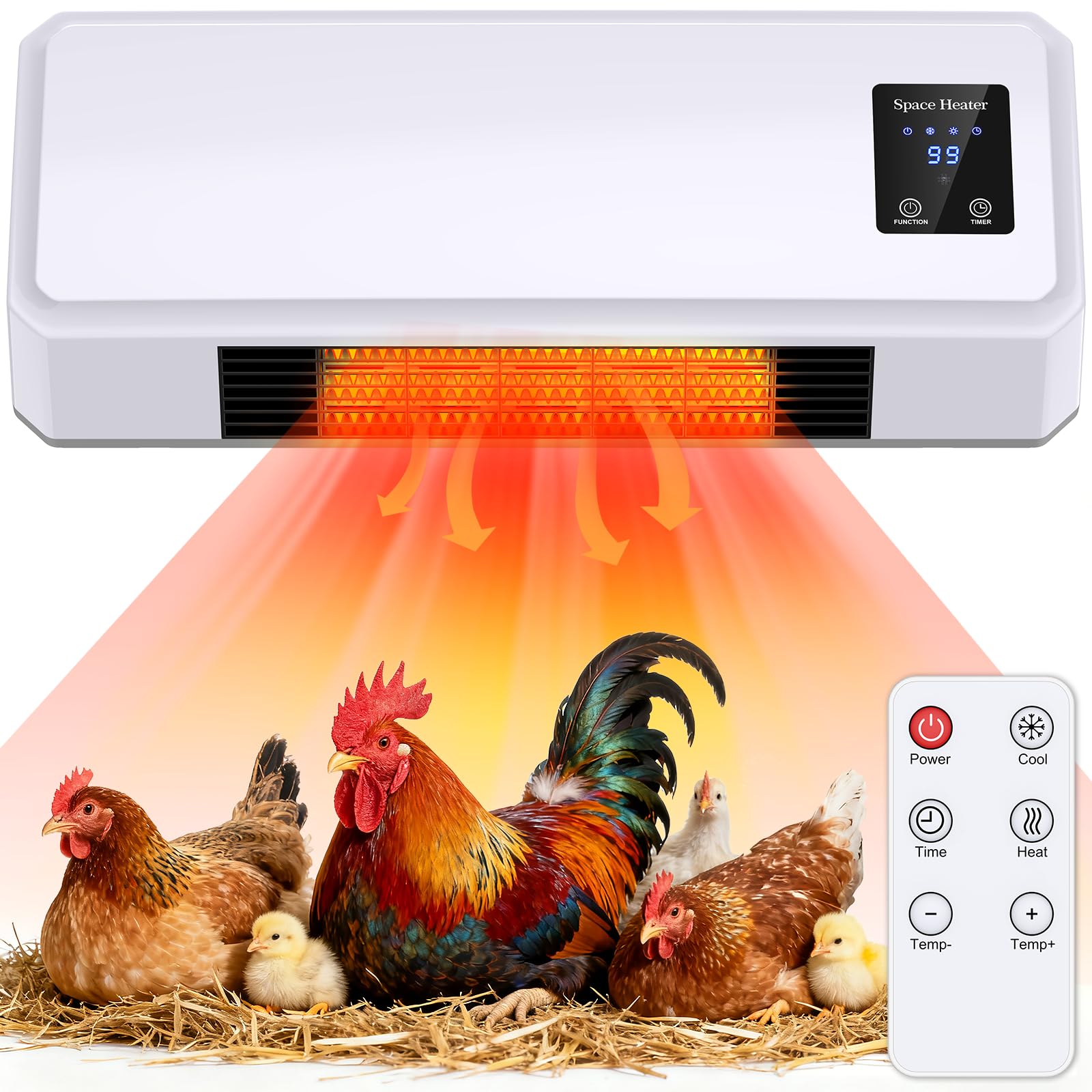 Photo 1 of 1500W Chicken Coop Heater for Winter, 2 Mode Wall-Mounted Chicken Coop Heater with Timer & Remote Control, 3S Fast Heating & Large LCD Display, Heat Warmer for Chickens, Ducks, Geese in Winter