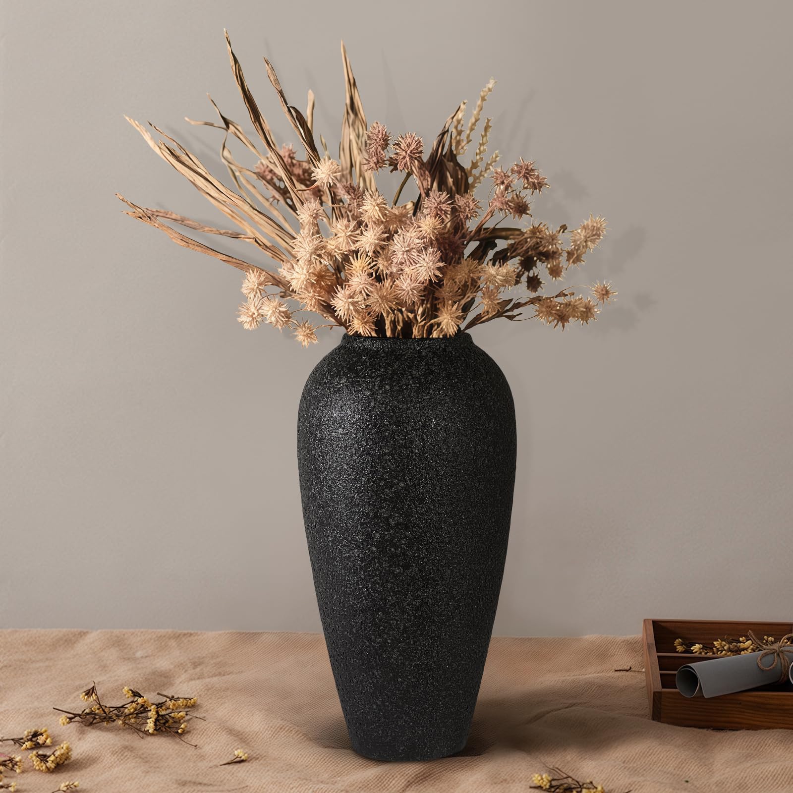 Rustic Large Ceramic Vintage Vase,Matte Black 13.4 Inch Tall Pottery ...