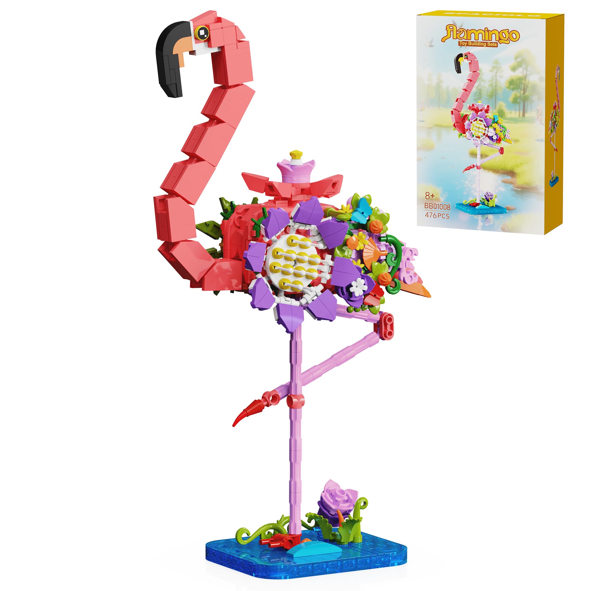 Pink Flamingo Flower Bouquet Building Set, Compatible with Lego Animal Botanical Collection – Creative Flamingo & Flower with Posable Neck and Legs, for Adult, Kids, & Flower Lovers
