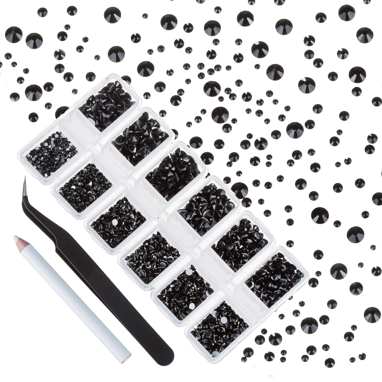 4200 Pieces Flat Back Black Nail Art Rhinestones for Nail Art Decorations, Round Crystal Gems Stickers for Clothes and Craft, 1.5 mm - 4.8 mm, 6 Sizes