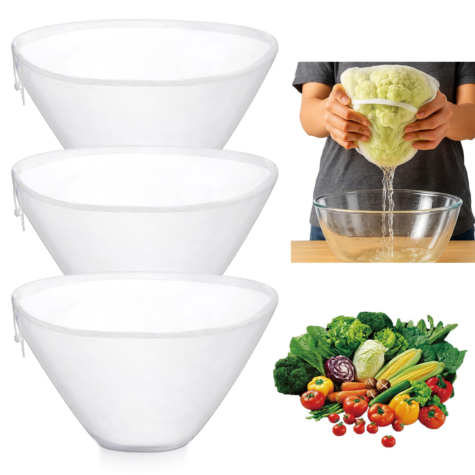 Photo 1 of 3 PCS Reusable Fine Mesh Strainer Bag, White Cheese Cloth Bag for Straining Nylon Nut Milk Bags Food Grade Filtration Bags Strainer Fine Mesh Food Strainers Pouch for Vegetable Juice Dumpling Fillings