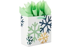 Hallmark Signature 10" Square Holiday Gift Bag with Tissue Paper (Navy Blue, Mint Green, Gold Snowflakes) for Christmas, Hanukkah, Winter Weddings, Graduations, Birthdays