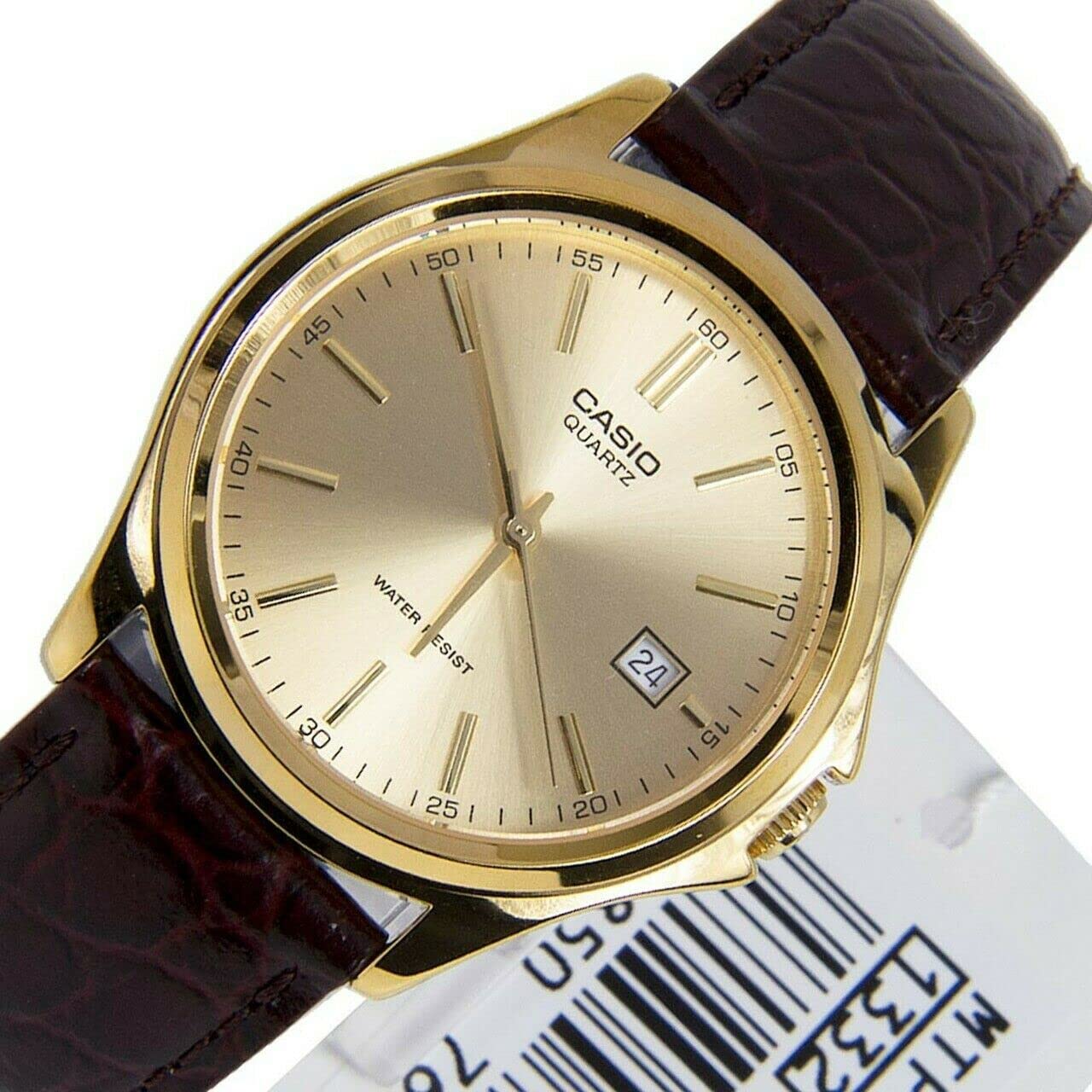 MTP1183Q-9A Men's Gold Tone Gold Dial Leather Band Analog Date Watch
