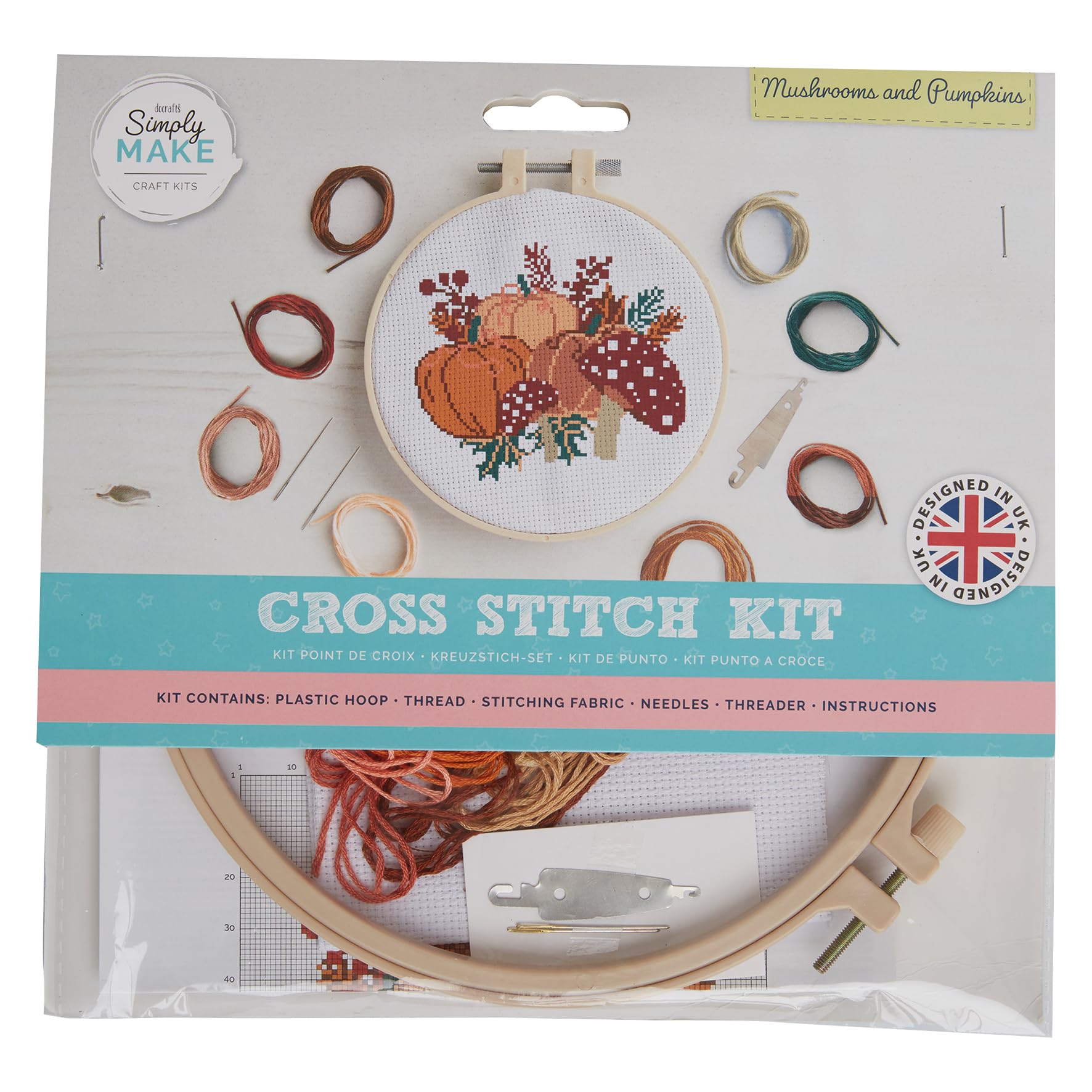 Simply Make Cross Stitch Kit - Mushrooms & Pumpkins for Kids and Adults, Including Hoop, Embroidery Thread, Fabric and Needle - Perfect for Adult Crafts and Beginners - Starter Cross Stitch Craft Kit — image 1