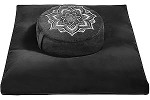 hunnidspace Meditation Zafu Cushion Set with Buckwheat Hulls & Memory Foam - Ergonomic Support for Yoga & Sitting - Removable Machine-Washable Luxury Velvet Cover - for Adults and Kids (Black)
