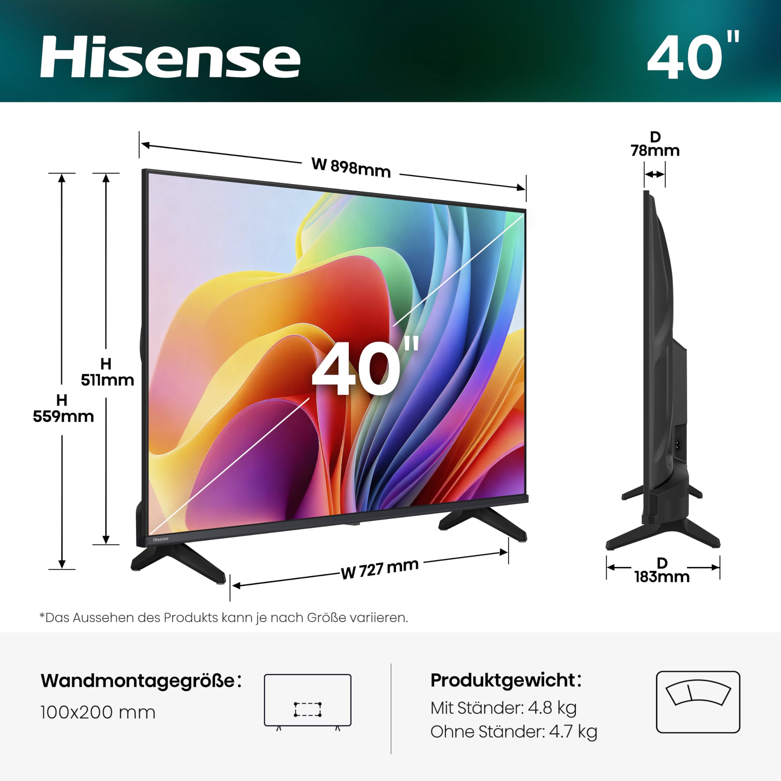 Hisense 40E4DS Fernseher 43 Zoll, 4K FHD Smart TV, Hi-View AI Engine, 60Hz Game Mode, Natural Colour Enhancer, Dolby Audio, DTS Virtual: X, Rauschunterdrückung, Airplay [2026] 2