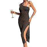 BreathSunny Womens Crochet Striped Knit Swimsuit Coverup Midi Dress Summer 2025 One Shoulder Slit Beach Bathing Suit Cover Up