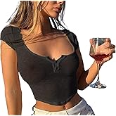 Women Sexy See-Through Slim Fit Short Sleeve Summer Y2k Solid Button Down Sheer Crop Tops Casual Basic T-Shirt