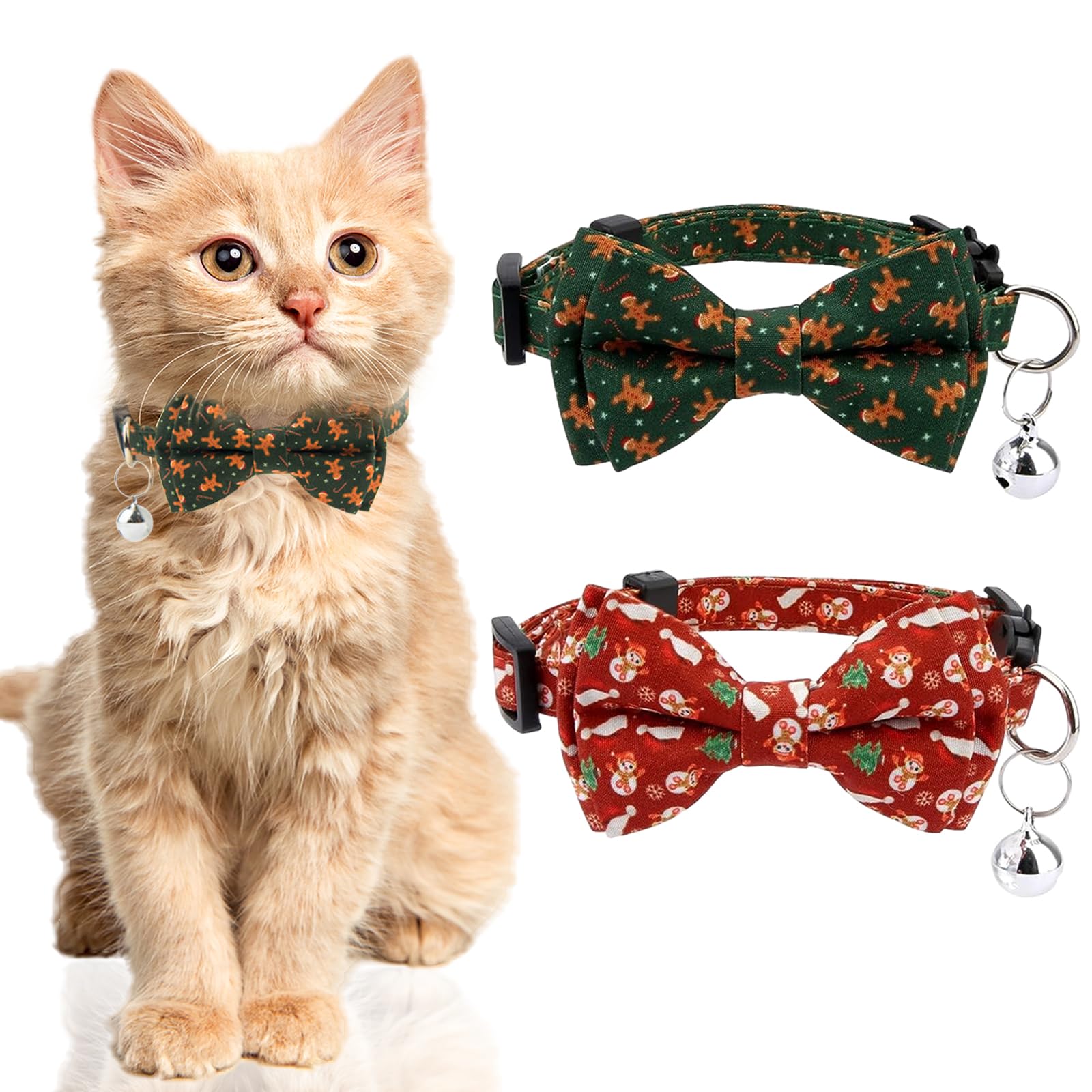 2 Pack Detachable Christmas Cat Collars with Bow&Bells Breakaway Cute Kitten Collar Snowman Durable Adjustable Pet Collars Comfortable Plaid Cat Collar for Cats Kitten Puppy Supplies