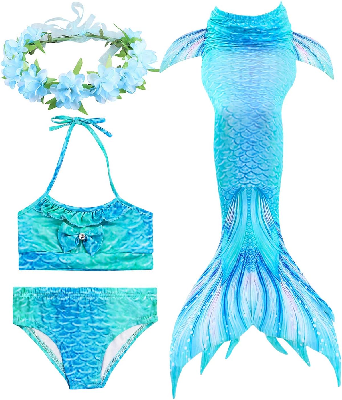 Hifunbay Kids Girls Mermaid Swimming Costume Included 3PCS Swimmable Bikini Swimsuit and Flower Garland Headband