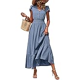 PRETTYGARDEN Womens Dresses 2026 Summer Maxi Dress Boho Short Sleeve V Neck Swiss Dot Ruffle Tiered Smocked Flowy Long Dress