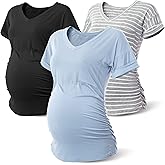 Rnxrbb Long Enough Maternity Shirts Short Sleeve Summer Pregnancy Tops& Tees Clothes V Neck Casual Outfits for Women 3 Pack