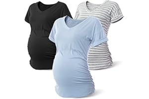 Rnxrbb Long Enough Maternity Shirts Short Sleeve Summer Pregnancy Tops& Tees Clothes V Neck Casual Outfits for Women 3 Pack