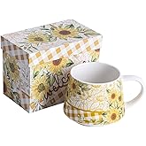 Topadorn Ceramic Travel Mug Porcelain Coffee Cups With Handle and Gift Box 12 oz, Sunflower