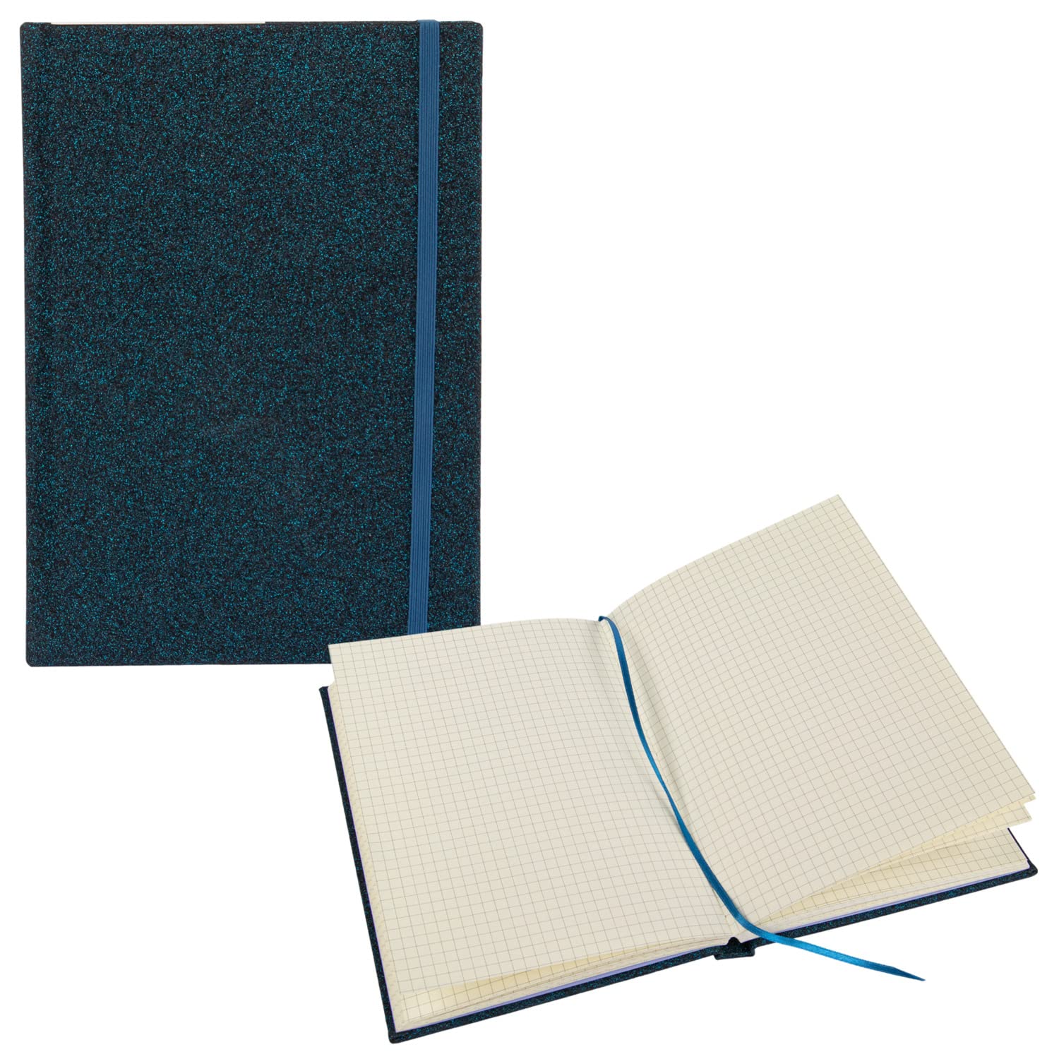 Idena 12255 Glitter Notebook Night Blue 14 x 20 cm Squared 100 g/m² 160 Sheets with Document Pocket Bookmark Ribbon and Elastic Closure Pack of 1