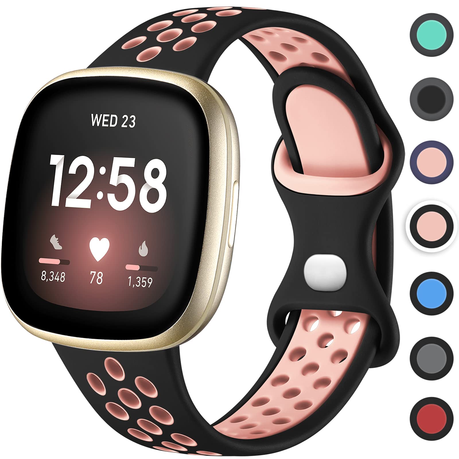Upeak Sport Band Compatible with Fitbit Versa 3/4 Strap/Sense 2, Breathable Silicone Replacement Wristband for Women Men, Large Black/Pink — image 1