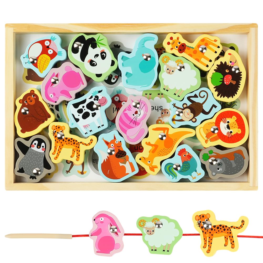 Vicloon Wooden Fishing Game, 19pcs Magnetic Fishing Game, Wooden Montessori Toys with Fish Rod for Kids 3+ Year Old Educational Learning Toys Wildlife for Kids Beads Threading Game — image 1