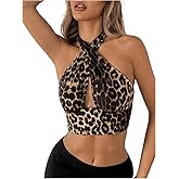 OYOANGLE Women's Leopard Print Criss Cross Halter Tank Top Cut Out Backless Y2K Crop Tops