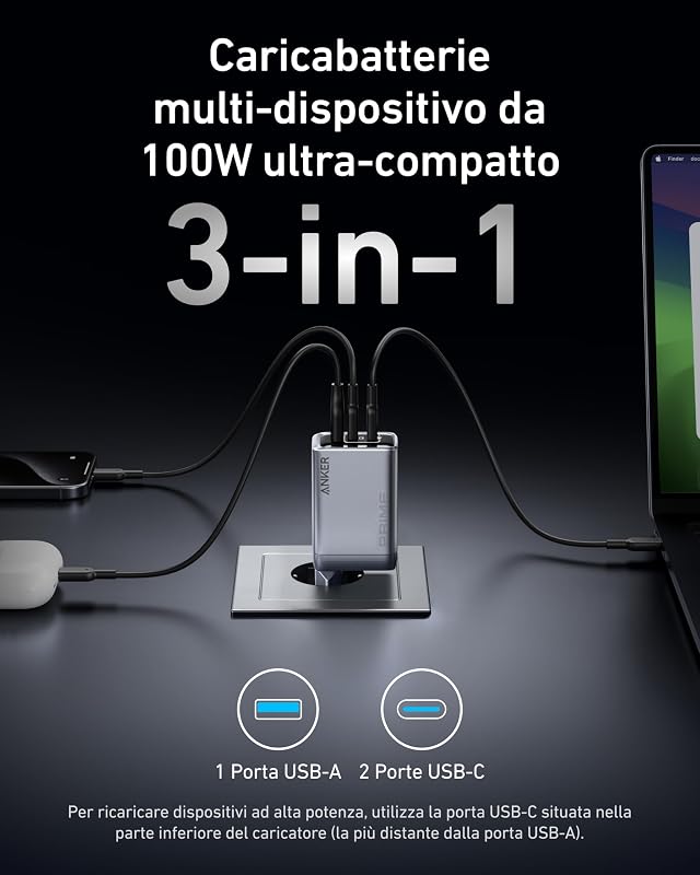 Prime Caricatore USB C 100W GaN, Pieghevole e Compatto, 3 Porte