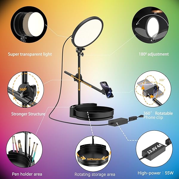 SELFIE LIGHT KIT FOR DESK AND LAPTOP,55W DIMMABLE FULL SCREEN RING LIGHT,WITH ROTATING STORAGE BOX,PEN HOLDER STAND,PHONE HOLDER AND CONTROLLER (PINK-RGB, 10.5)