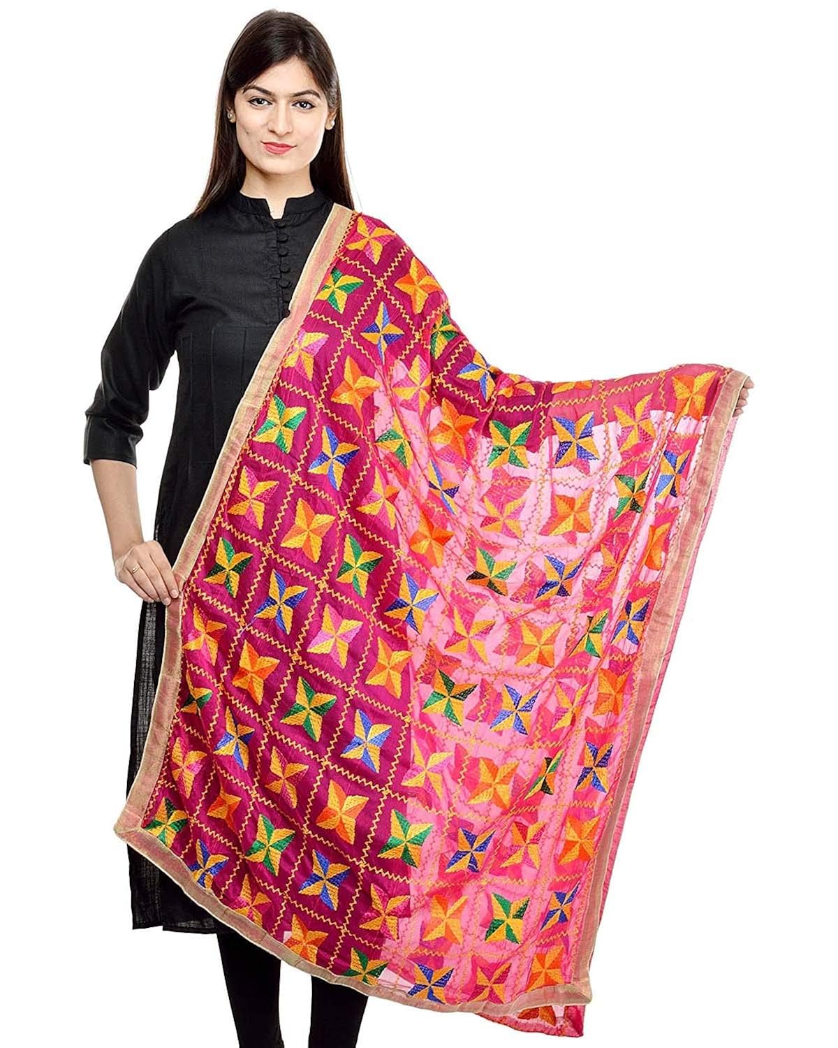 generic women's amritsari magents colour art chiffon phulkari dupatta (ka56789, pink, medium)