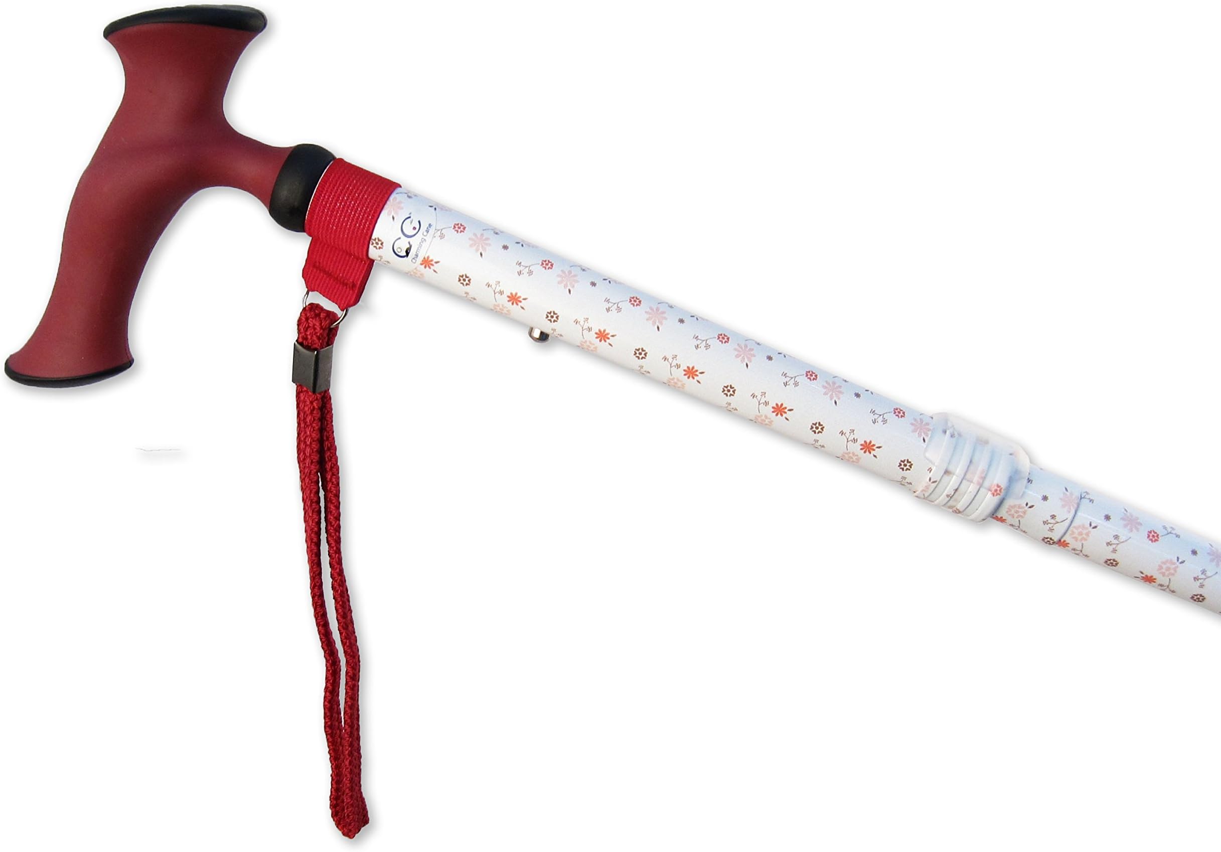 Charming Canes Adjustable Folding Walking Cane with Comfortable Grip, Wrist Strap, and Carrying Case – Travel Friendly! (White Small Red Flowers)