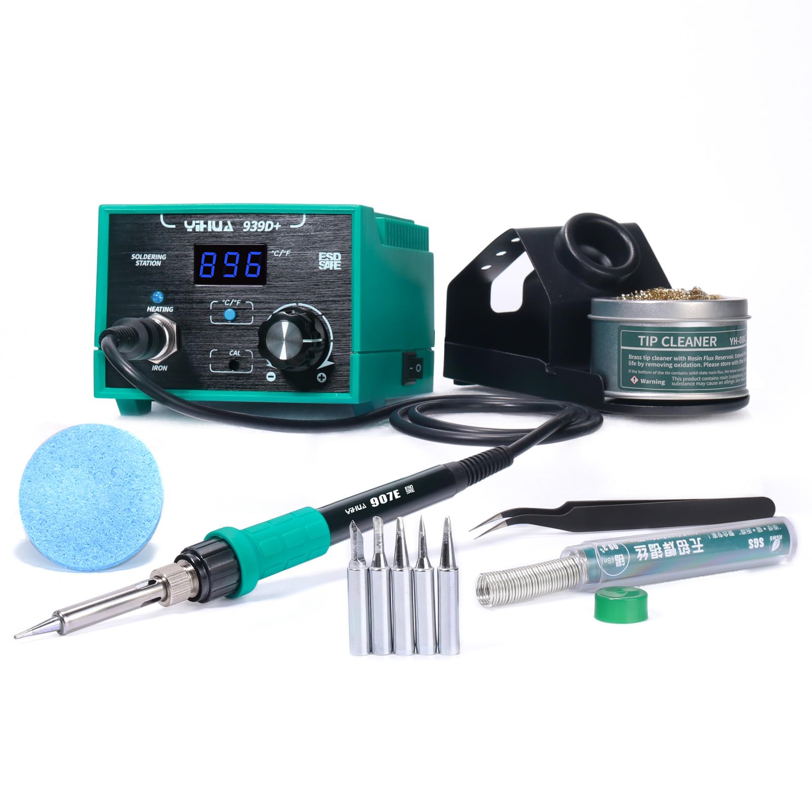 Photo 1 of YIHUA 939D+ Digital Soldering Station, 75W Equivalent with Precision Heat Control (392°F to 896°F) and Built-in Transformer. ESD Safe, Lead Free with °C/°F display (Green)