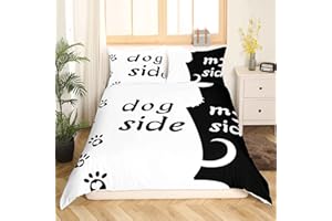 EROSEBRIDAL Dog Side and My Side Printed Bedding Duvet Cover Full Size Couple Pattern Black White Dog Bedding Set Romantic Theme Comforter Cover for Couple Teen Soft Lightweight Quilt Bedspread Cover RV Décor