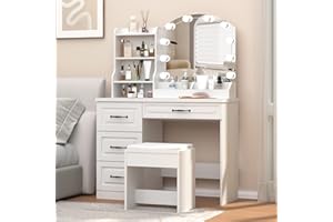Vabches Makeup Vanity Desk with Lights and 4 Drawers, White Vanity Set Makeup Table Lots Storage, 3 Lighting Colors, Large Size 39.4in(L)