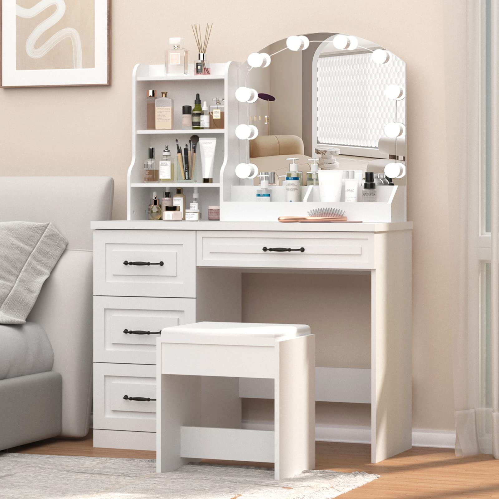 Photo 1 of ***Missing parts******Missing parts***Vabches Makeup Vanity Desk with Lights and 4 Drawers, White Vanity Set Makeup Table Lots Storage, 3 Lighting Colors, Large Size 39.4in(L)