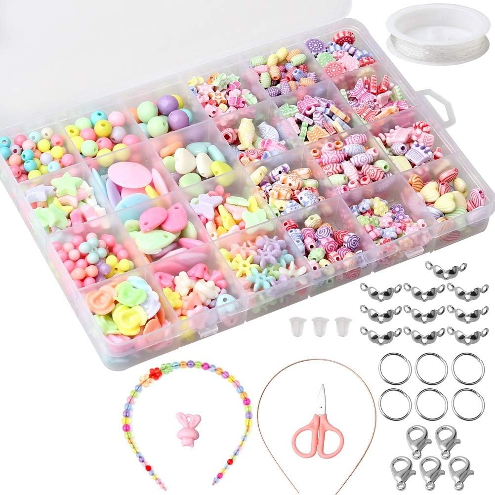 nuosen Children DIY Beads Set Bracelet Bead Art & Jewellery-Making,Bead String Making Set,24 Different 650PCS Types and Shapes Colorful Acrylic