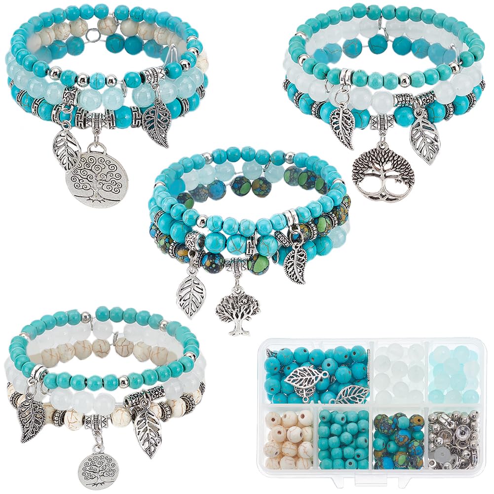 SUNNYCLUE 1 Box 4 Sets Multi Layer Bracelet Making Kit Bohemian Wrap Bracelet Tree of Life Charms Leaf Charm Lucky Turquoise Bead Stone Beads for jewellery Making Kits DIY Women Adults Supplies