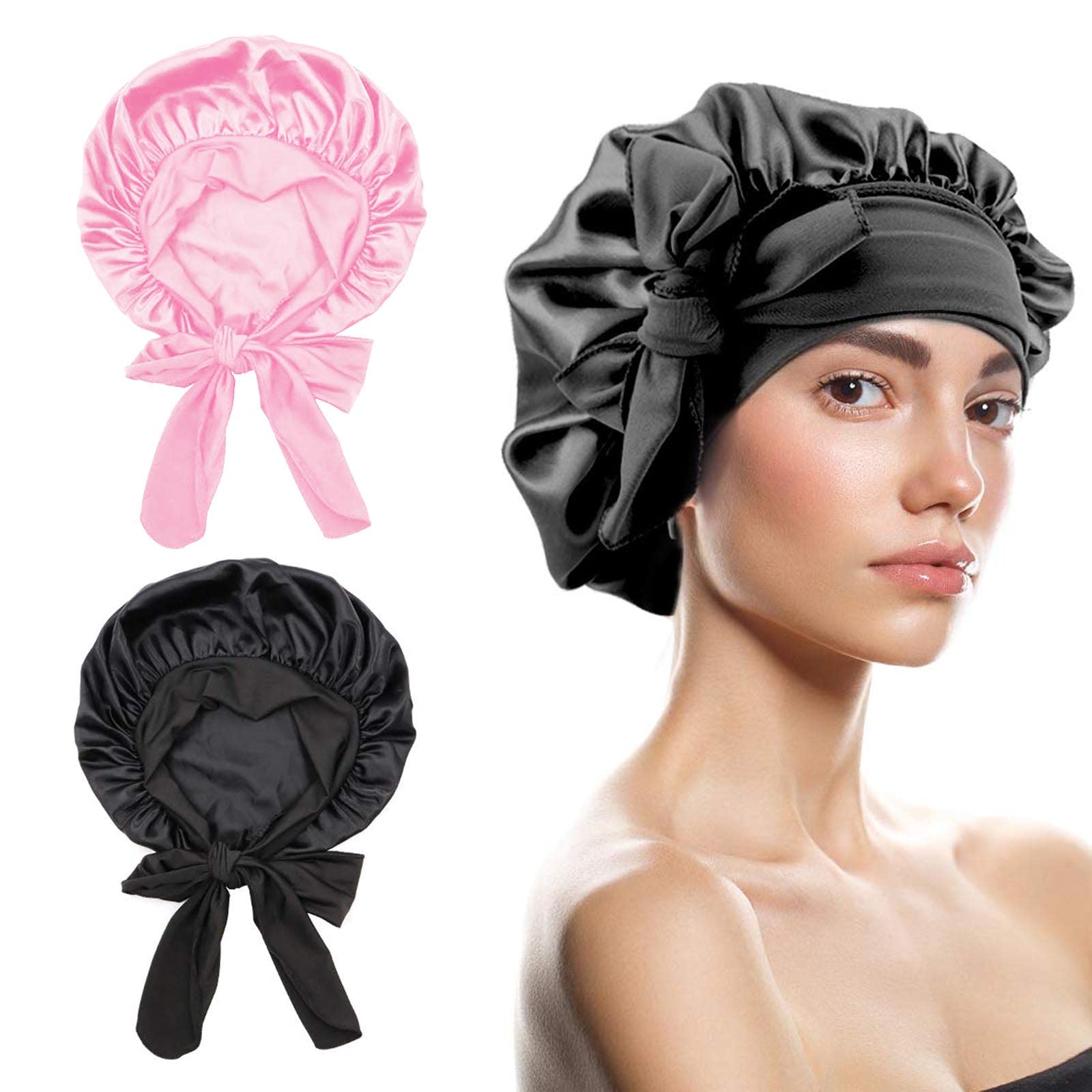 AYNKH 2PCS Satin Sleep Cap with Tie Band, Adjustable Silk Bonnet Soft Hair Wrap Elastic Comfortable for Women Girls Long Curly Braid Hair Bath Care