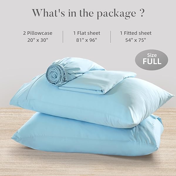4 PIECE FULL SIZE SHEET – COOLING BED SHEETS SET, BLEND RAYON DERIVED FROM BAMBOO, BREATHABLE SOFT HOTEL LUXURY BEDDING & PILLOWCASES, SILKY FIT 16 INCH EXTRA DEEP POCKET, OEKO-TEX – SKY BLUE