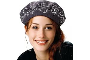 LADYBRO Rhinestone Beret Hats for Women 2 Layers Wool French Hat Lady Winter Black Red