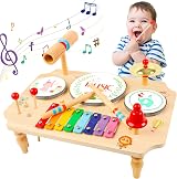 XIAPIA Kids Drum Kit 11 in 1 Wooden Musical Instrument Set Toddler Toys