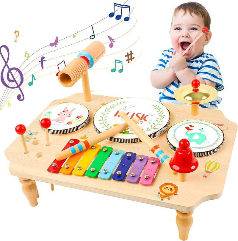 XIAPIA Kids Drum Kit 11 in 1 Wooden Musical Instrument Set Toddler Toys