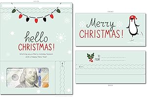 ZipGifts Holiday Card | Zip-Open Money Holder w/Clear Plastic Window for Cash, Check, & Gift Card (Penguin - Hello Christmas)